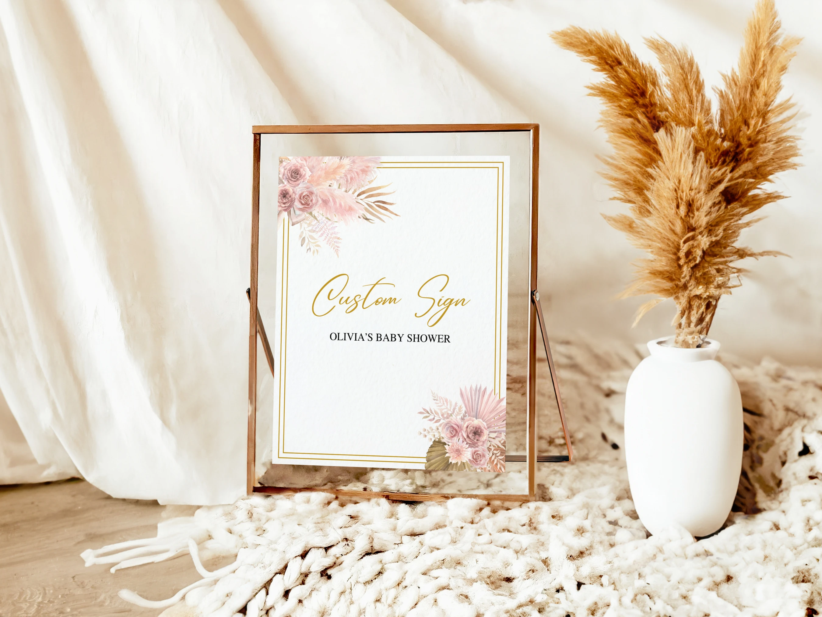 Boho Baby Shower Table Sign | Rose Gold Pampas Grass Late Night Diapers | Pacifier Hunt Sign | Editable Canva Template | Digital Download