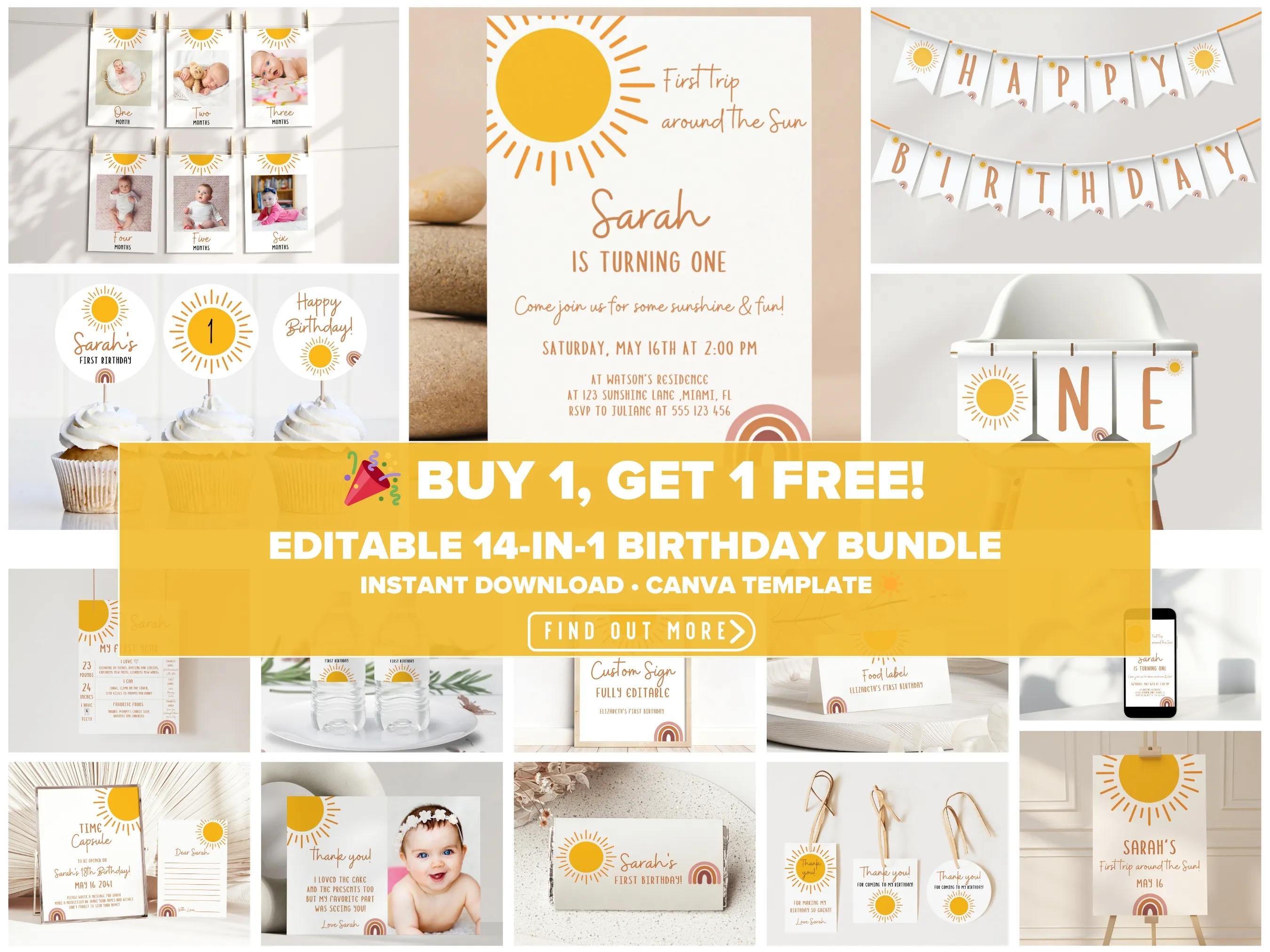 First Trip Around the Sun birthday bundle — sunshine and boho rainbow theme editable Canva templates for girl’s first birthday invitations, signs & decorations (digital download)