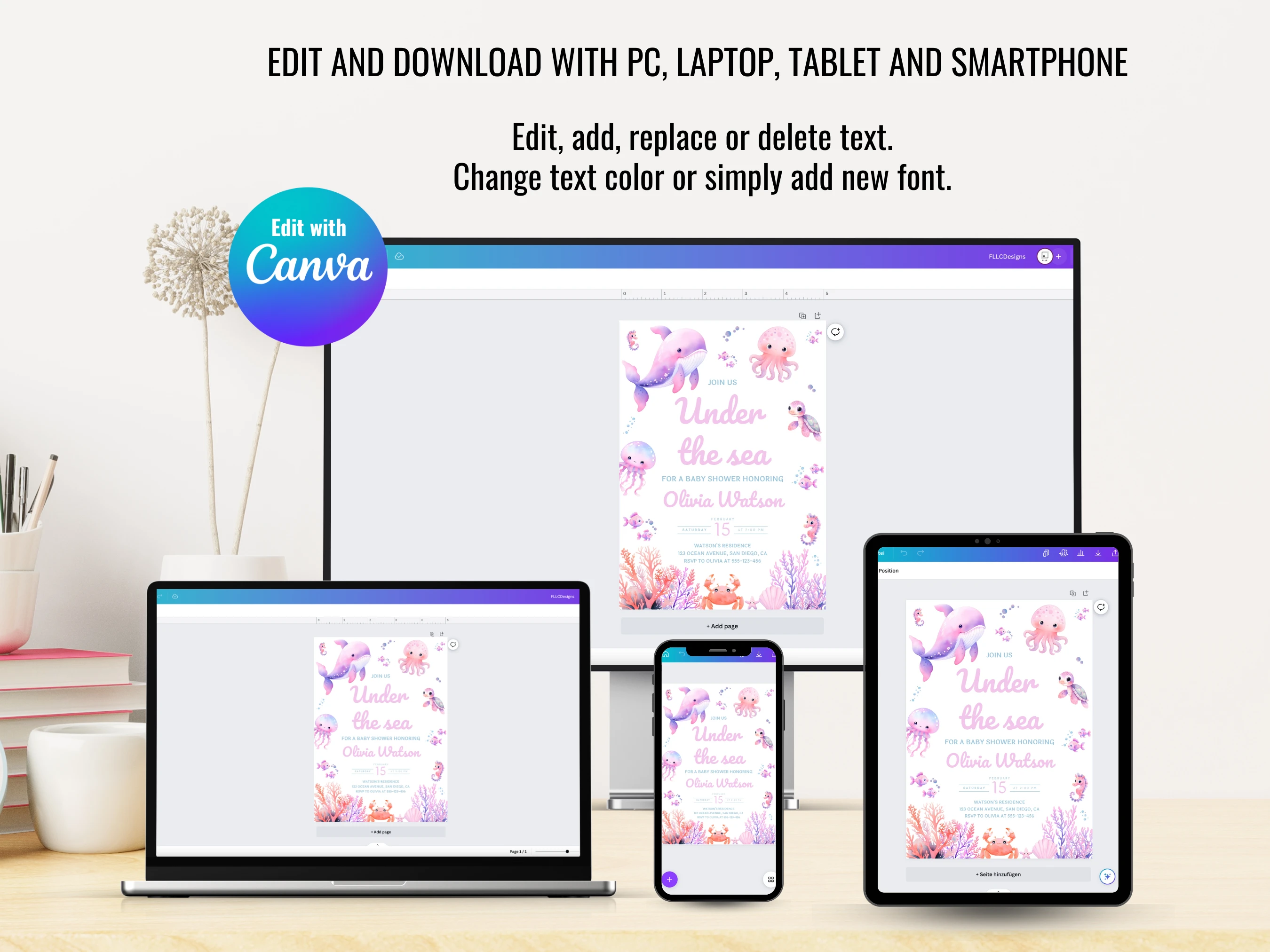 Under The Sea Baby Shower Invitation Set | Ocean Animals Pink Starter Pack For Baby Girl | Editable Canva Template | Digital Download