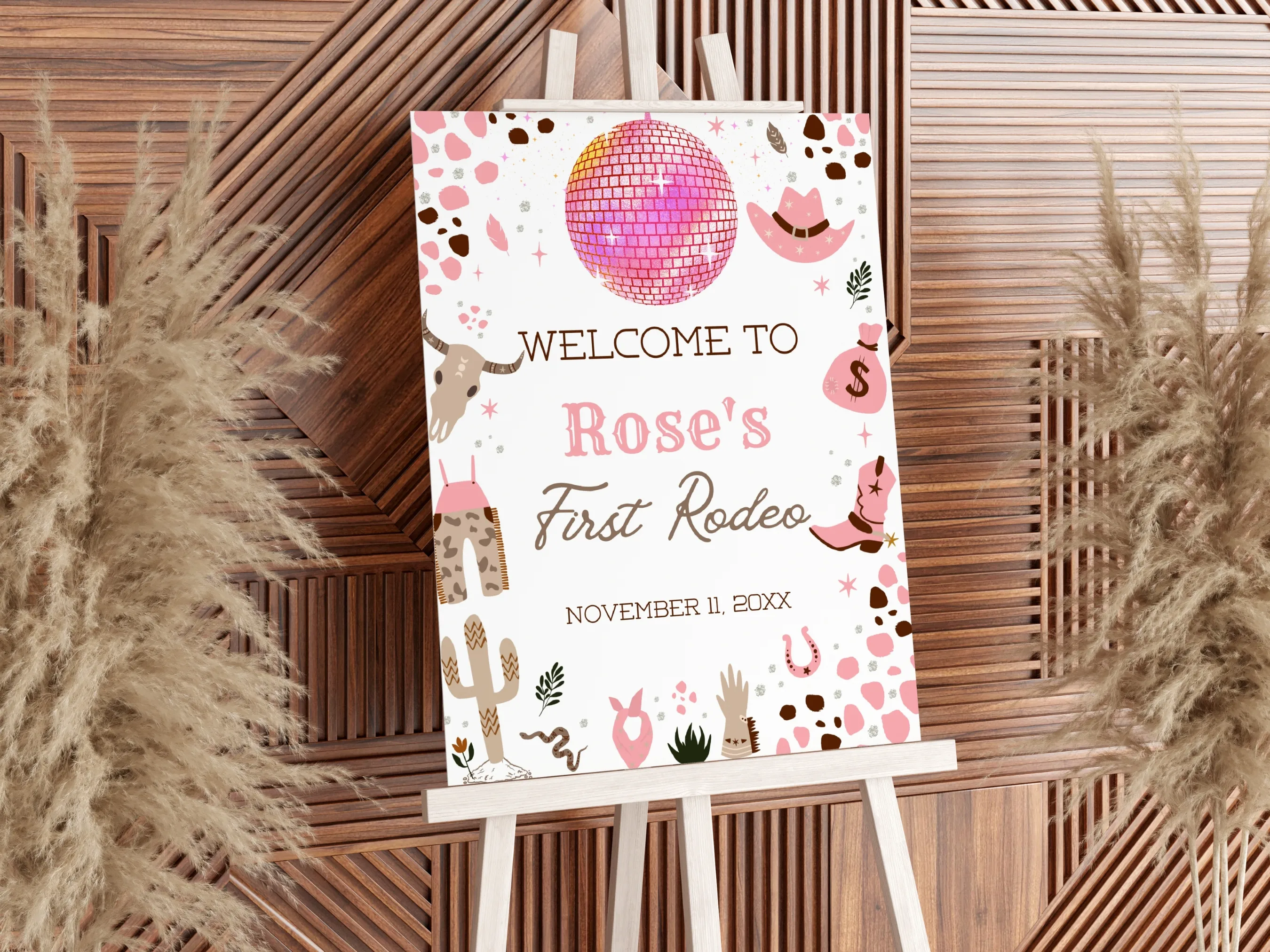 Disco cowgirl birthday welcome sign with space cowgirl and western rodeo theme, editable Canva party entrance poster, digital download.