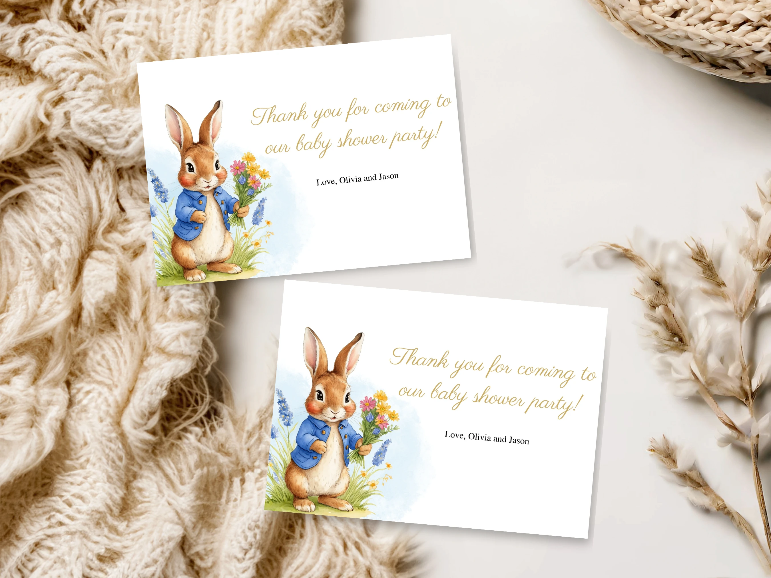 Peter Rabbit Baby Shower Invitation Set | Flopsy Bunny Spring Blue And Gold Starter Pack | Editable Canva Template | Digital Download