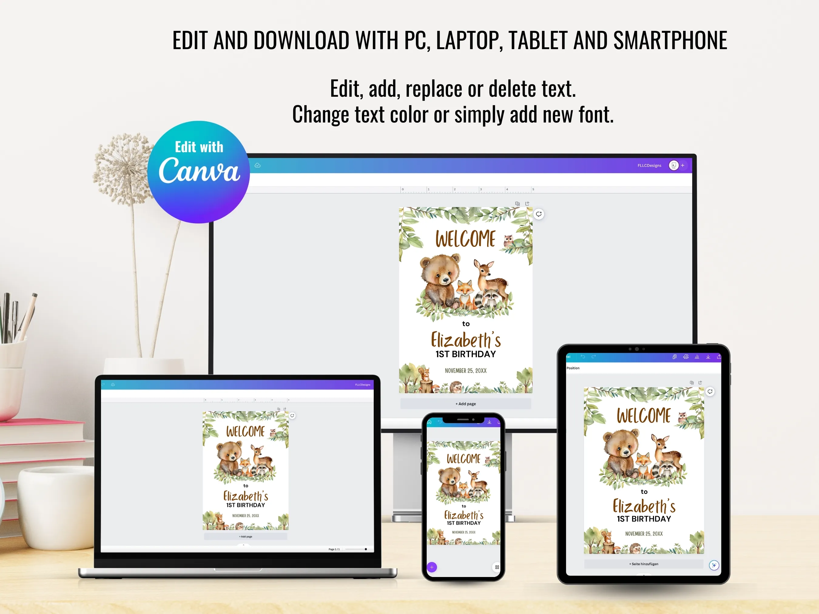 Woodland Birthday Welcome Sign | Forest Animals Party Welcome Board | Wild One 1st Birthday Entrance Poster | Editable Canva Template | Digital Download