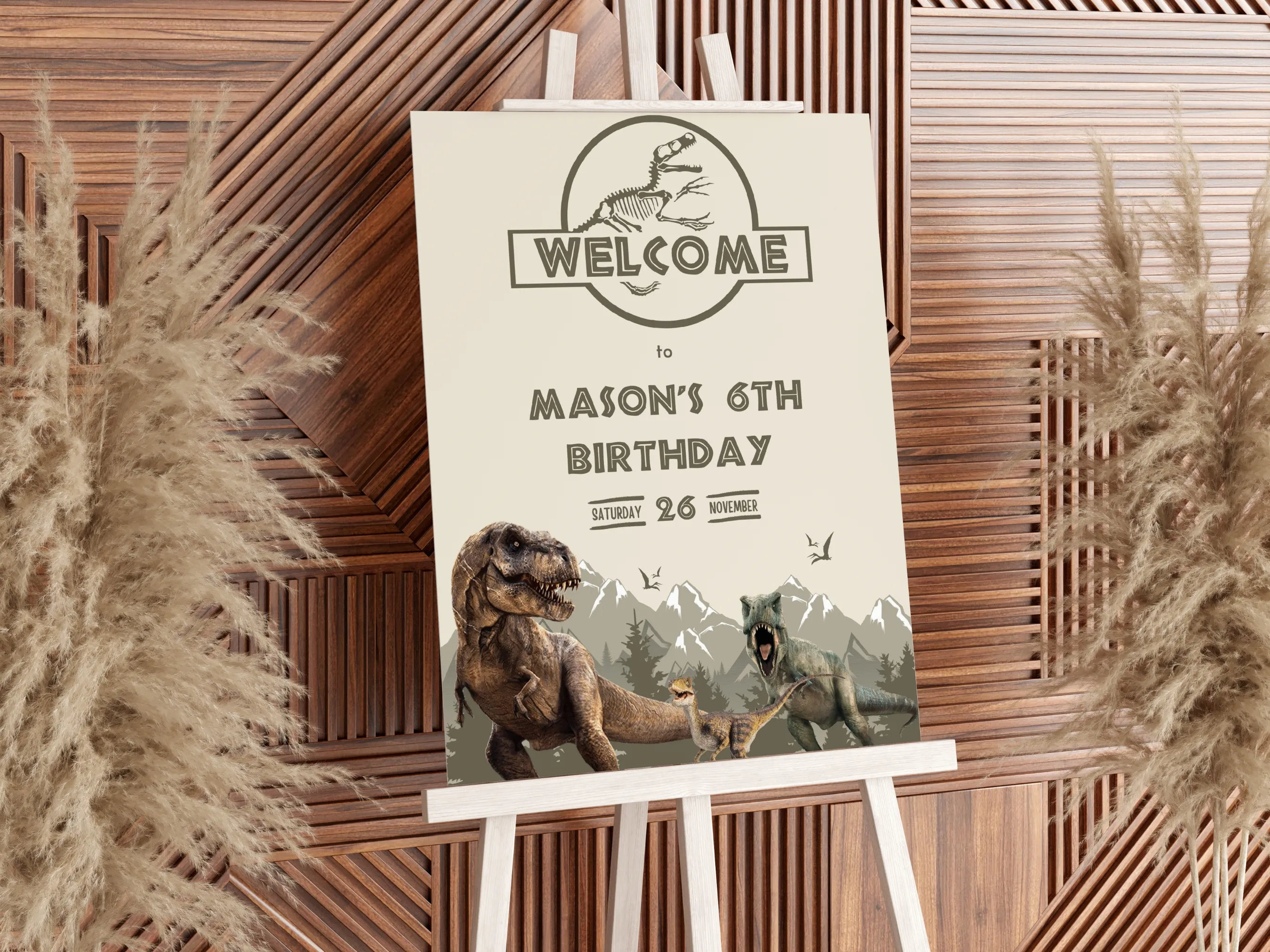 Jurassic birthday welcome sign with dinosaur party welcome board featuring T-Rex design, editable Canva template for kids’ dino birthday, digital download.
