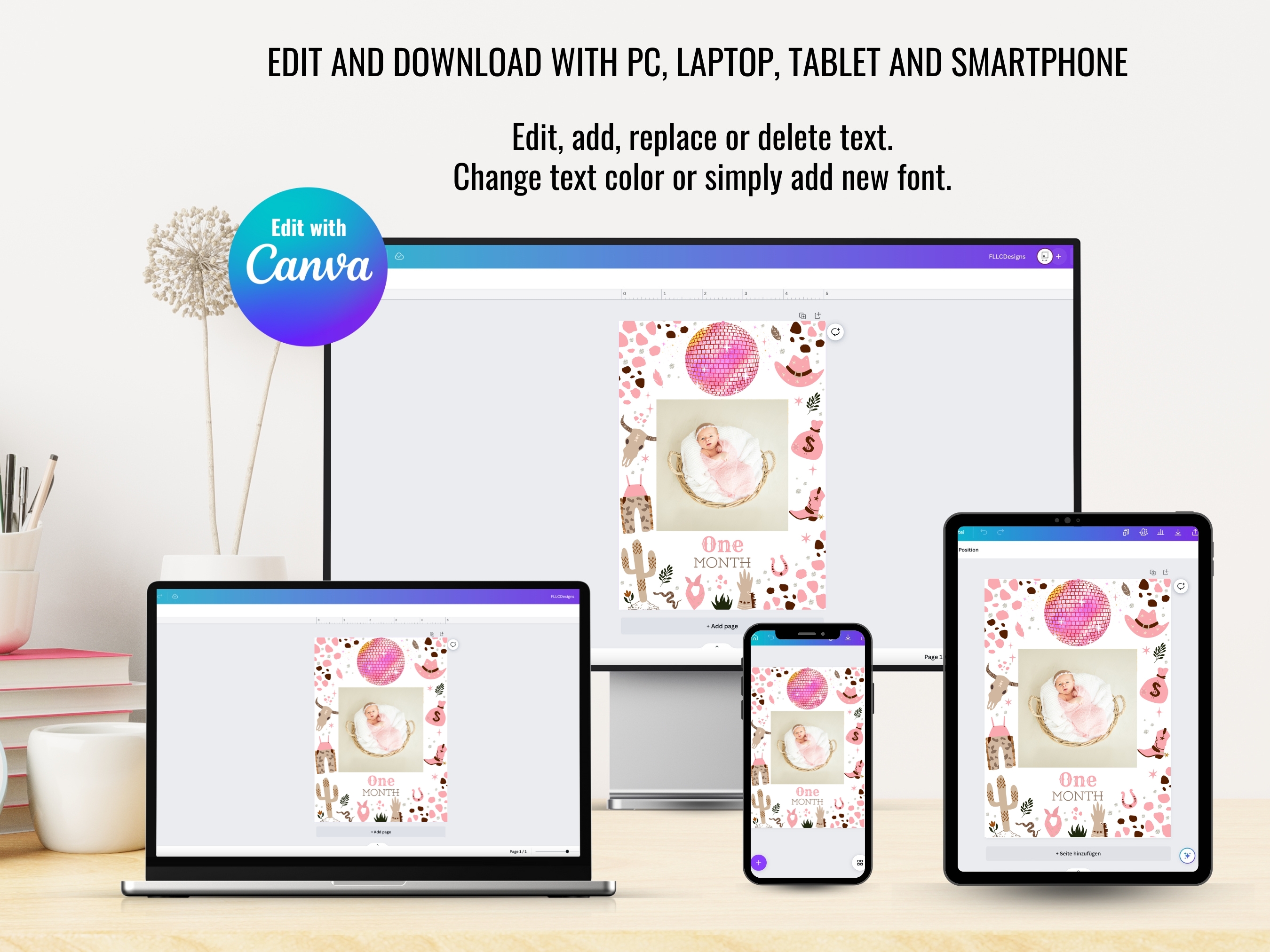Space Cowgirl First Rodeo Birthday Photo Banner | Disco Cowgirl Baby Milestone Cards | Editable Canva Template | Digital Download
