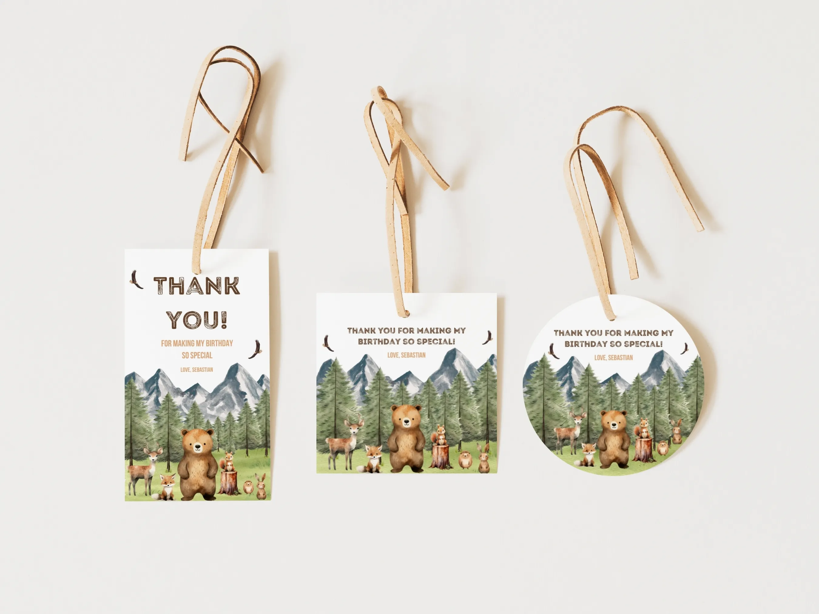Woodland birthday gift tags with forest animals and Wild One theme, rustic party favor labels, editable Canva template by fllcdesigns