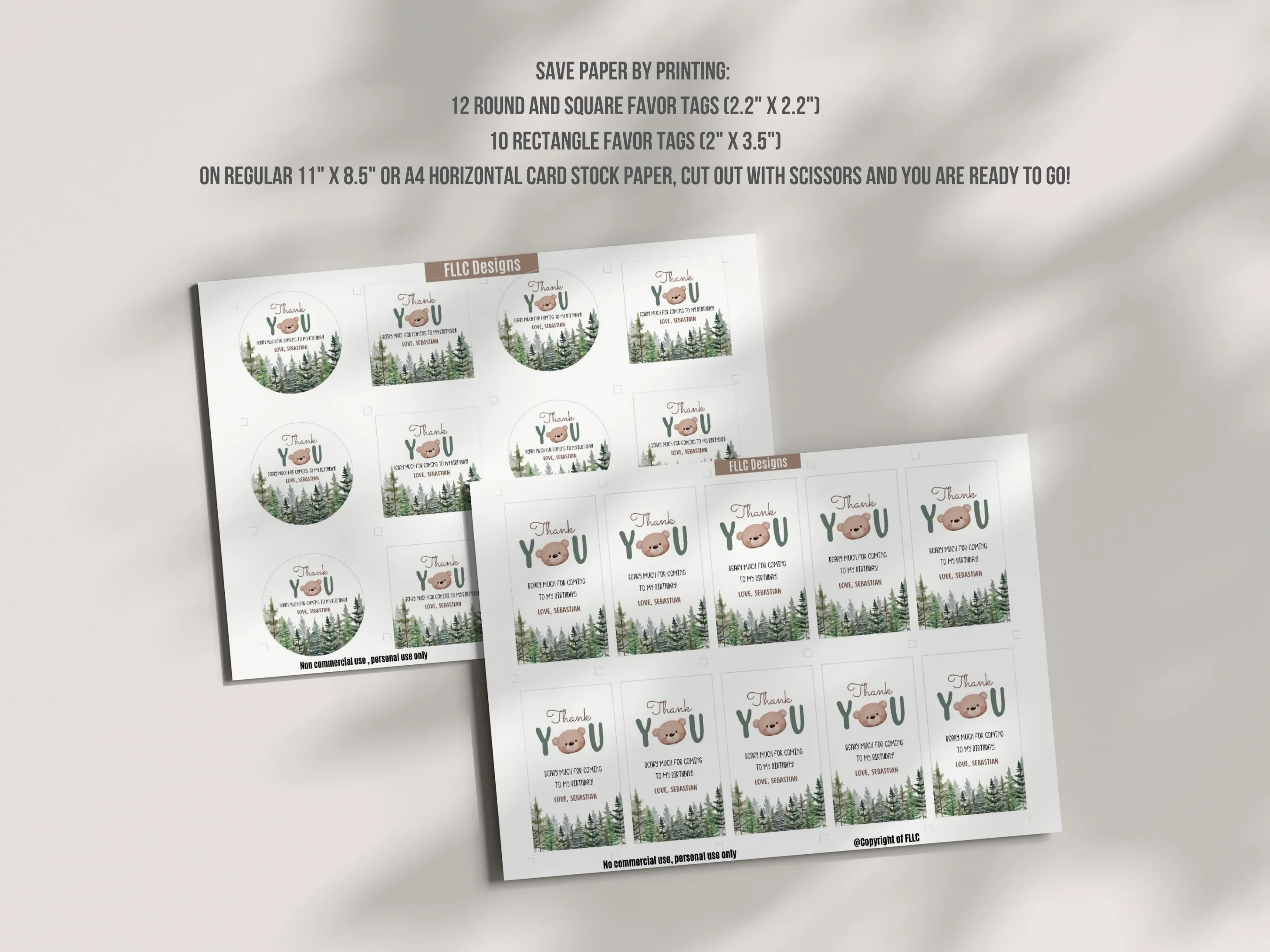 Woodland Party Gift Tags | Brown Bear Birthday Thank You Labels | Forest Animal Favor Tags | Editable Canva Template | Digital Download