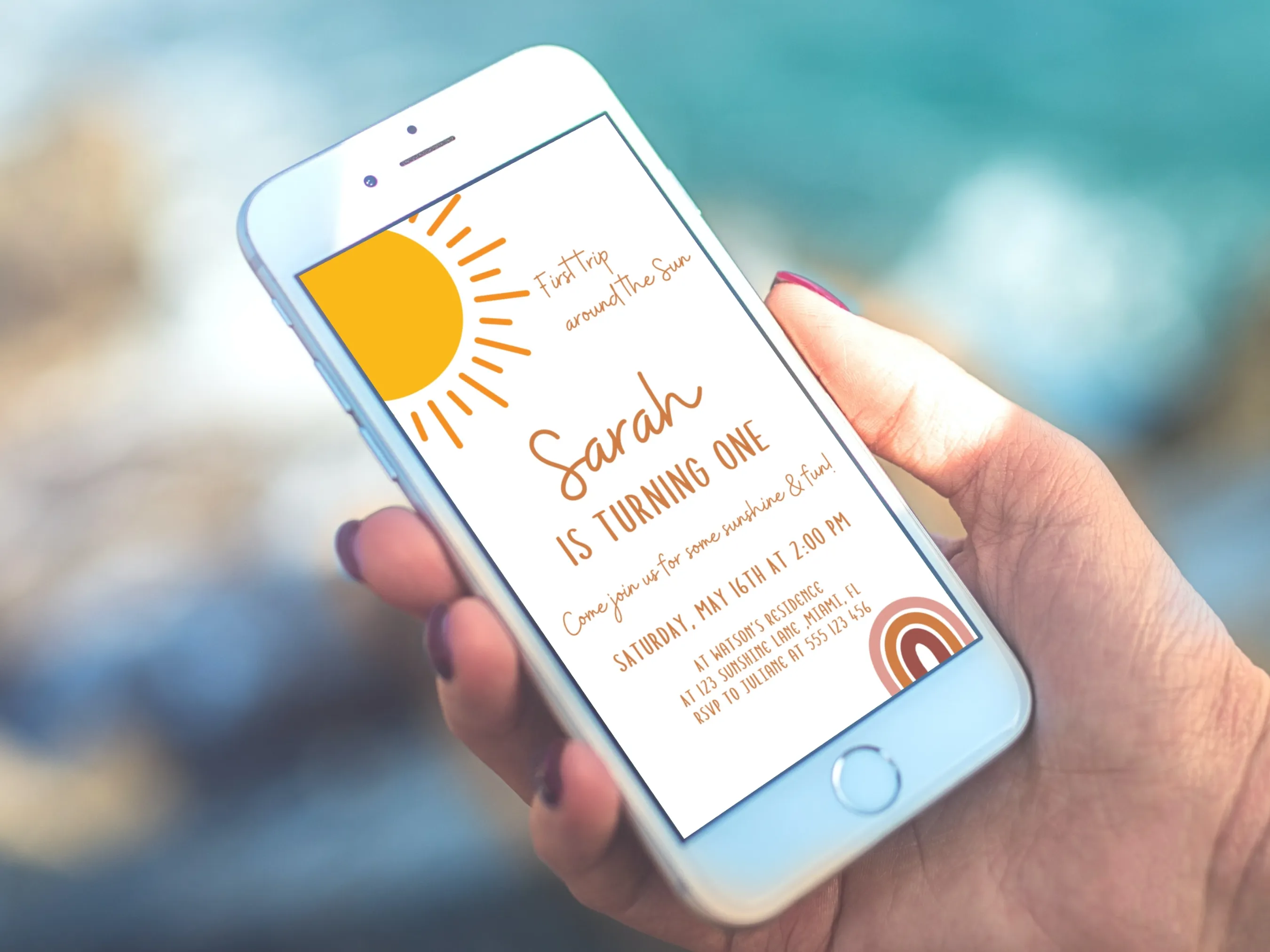 Sunshine Birthday Evite | First Trip Around the Sun Boho Rainbow Mobile Invitation | Editable Canva Template | Digital Download