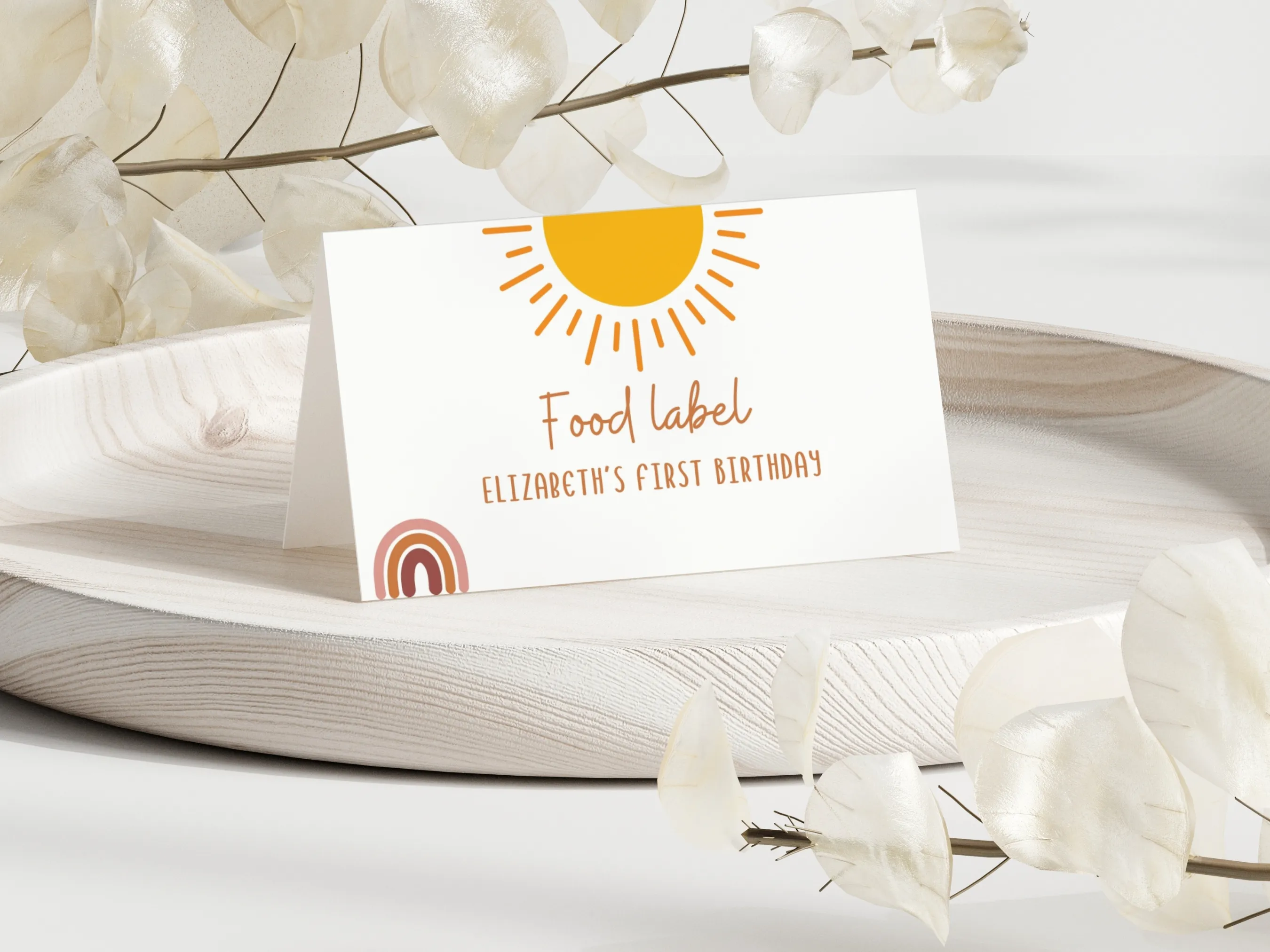 First Trip Around the Sun food tent cards with boho sunshine design, editable table labels and name tags by fllcdesigns