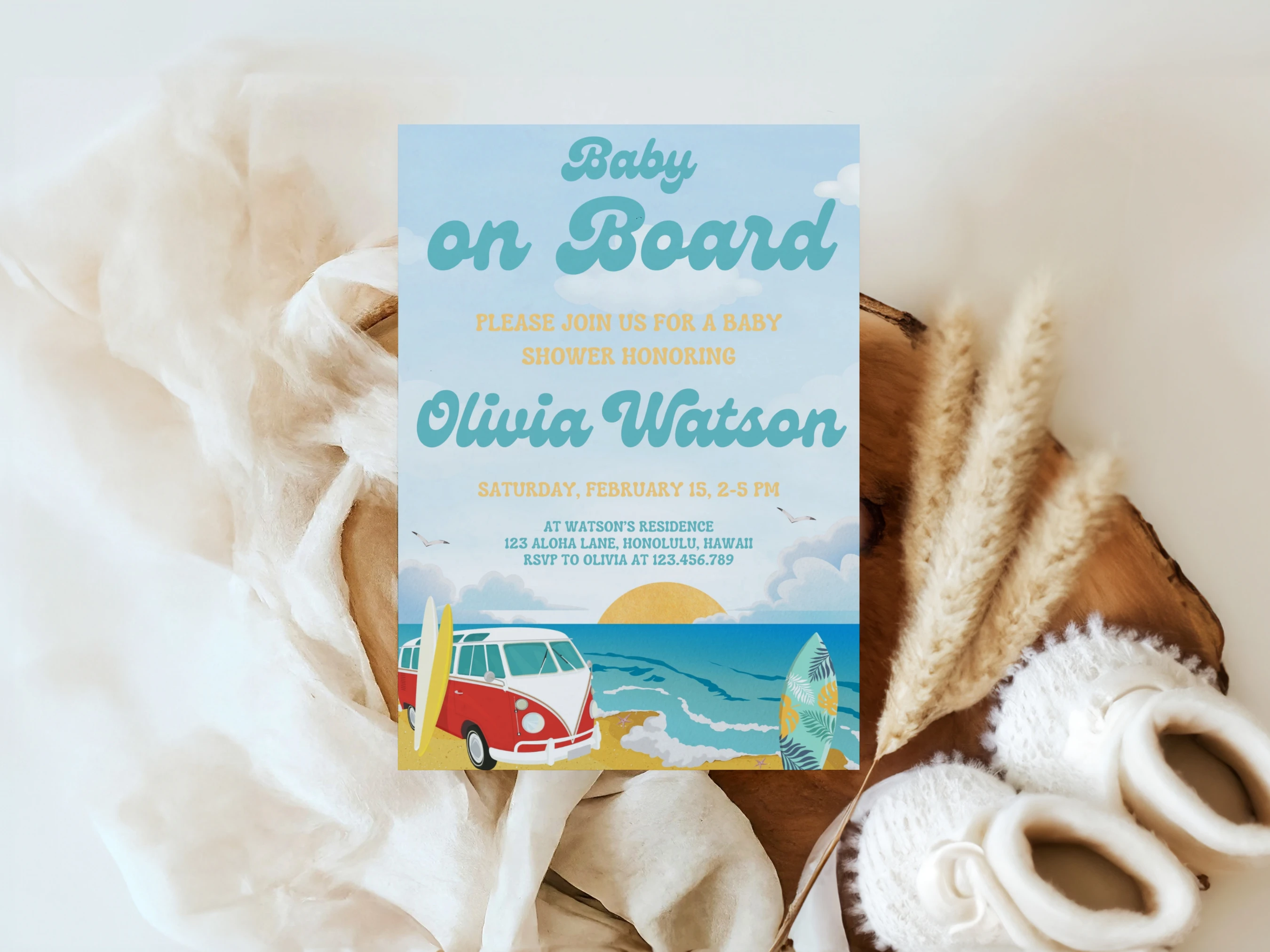 Baby On Board Baby Shower Invitation Set | Ocean Surf Starter Pack For Baby Boy | Editable Canva Template | Digital Download