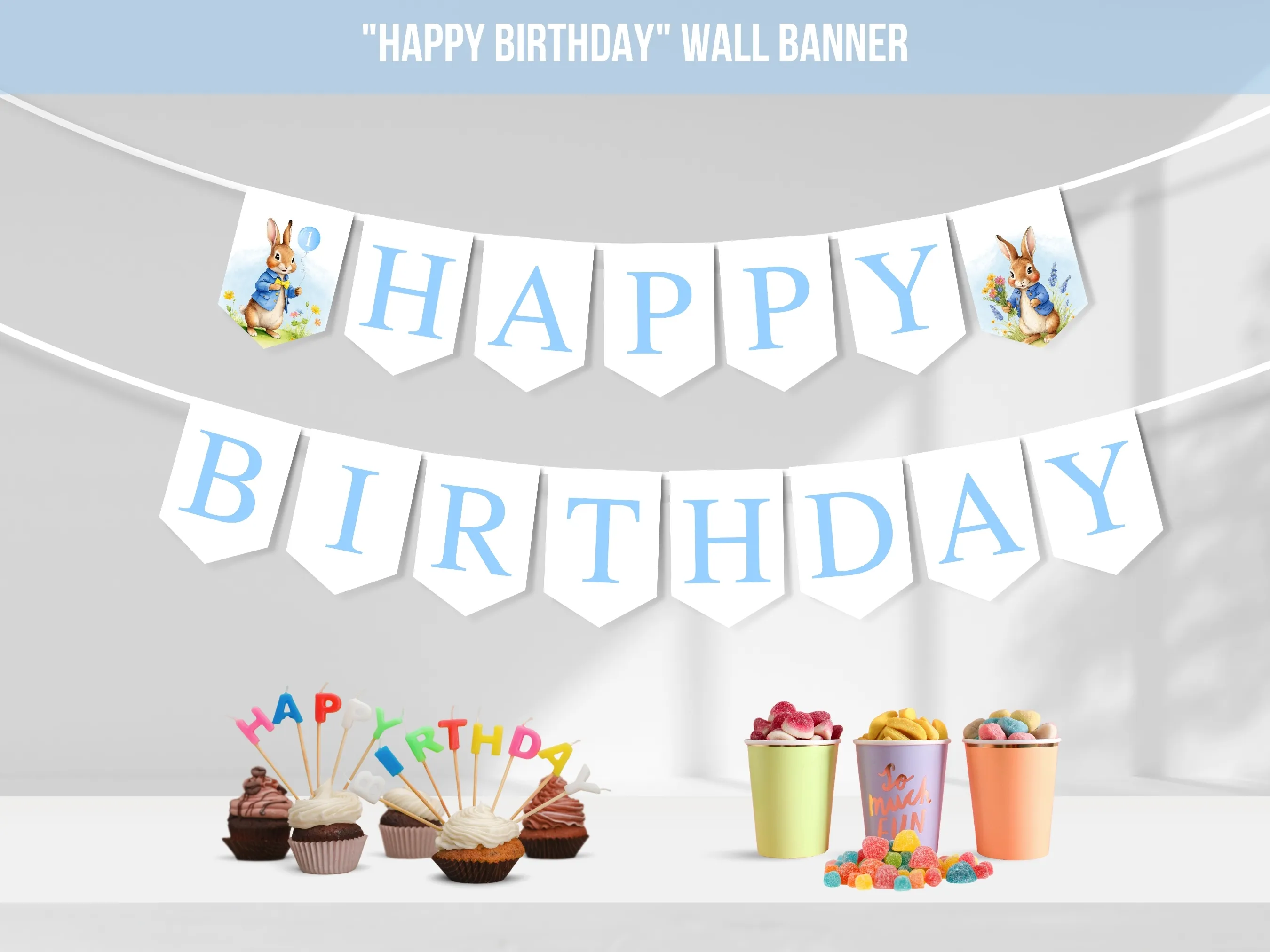 Peter Rabbit Happy Birthday banner with classic bunny theme, customizable birthday bunting and wall banner, editable Canva template by fllcdesigns
