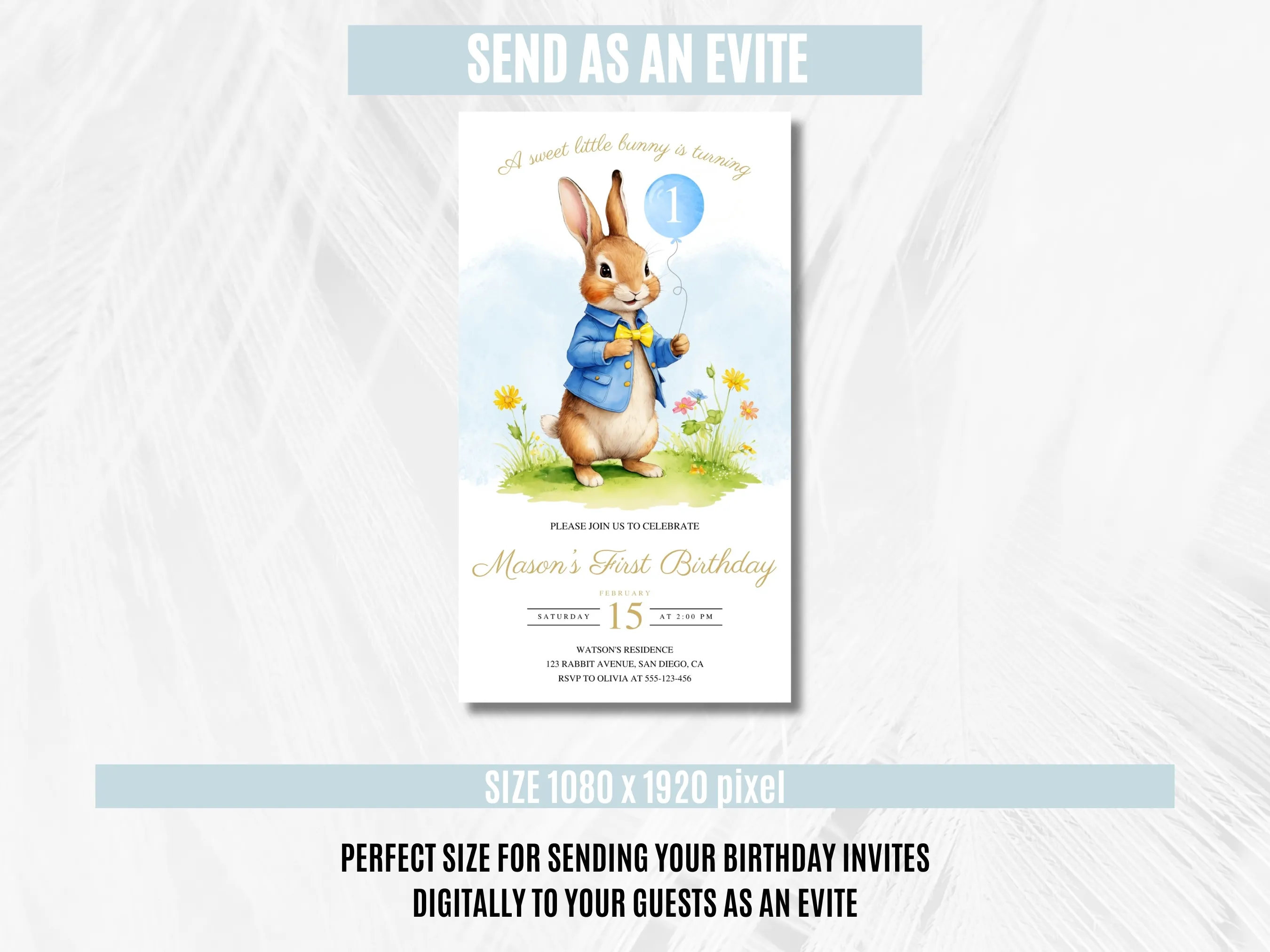 Peter Rabbit Birthday Mobile Invitation | Flopsy Bunny Digital Invitation | 1st Birthday Boy Invite | Editable Canva Template | Digital Download
