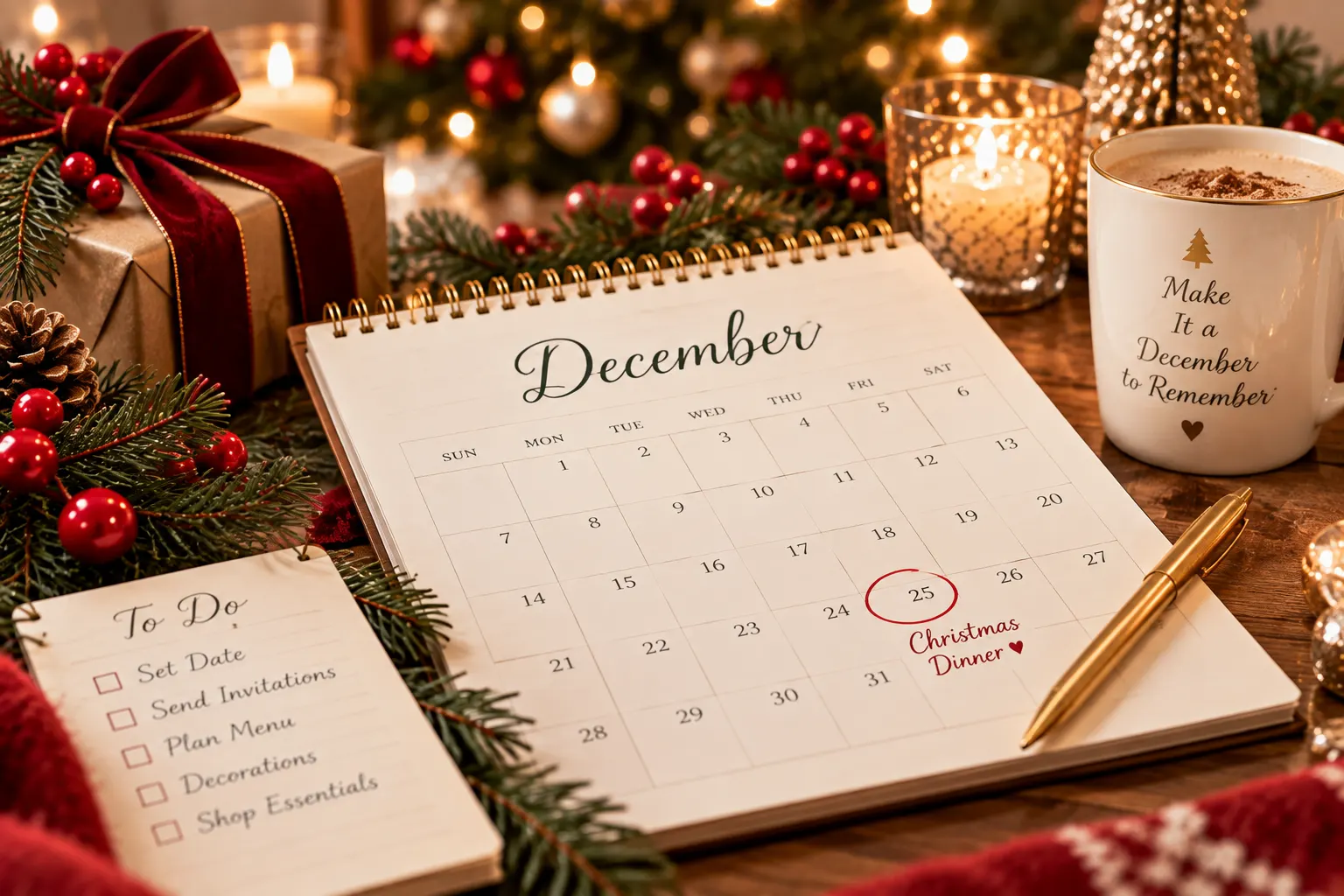 December calendar with Christmas dinner date marked beside festive decorations