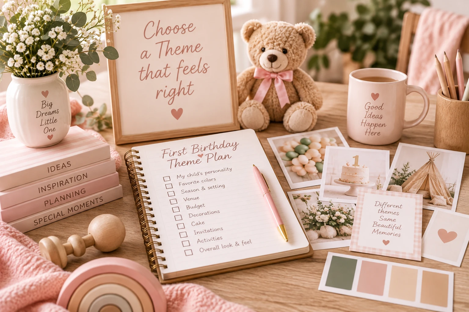 First birthday theme planning notebook with color palette, party ideas and neutral pink decorations